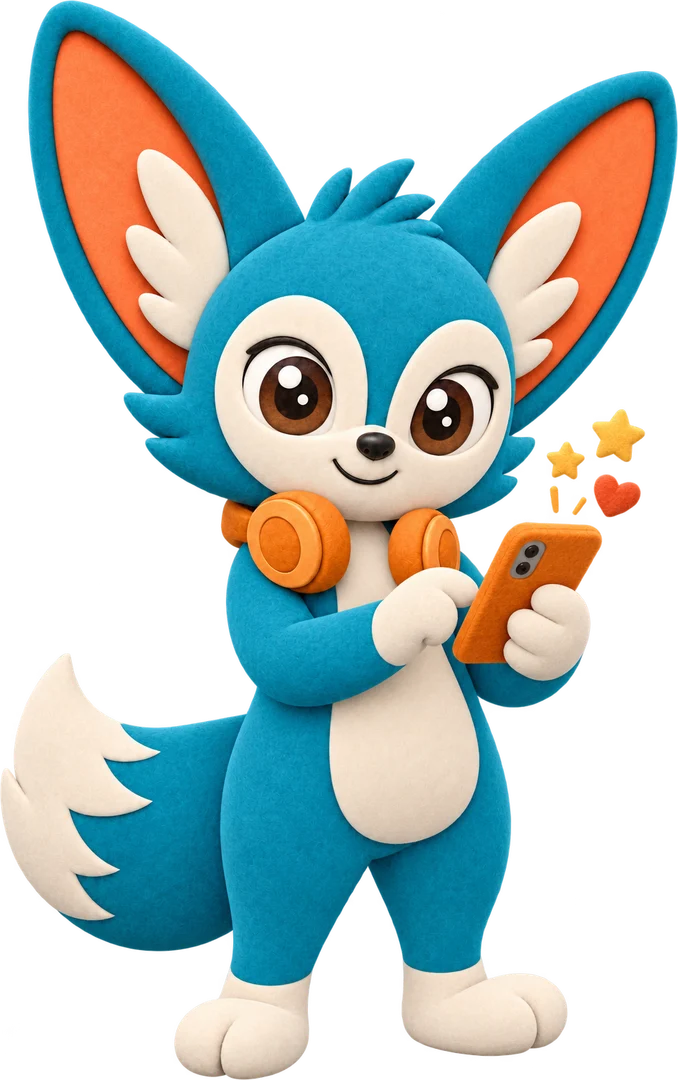 Hyro, the fennec fox mascot of Hyro Games, tapping a phone as little stars pop out