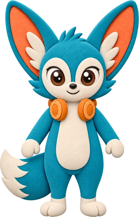 Hyro, a teal fennec fox with big ears and orange headphones